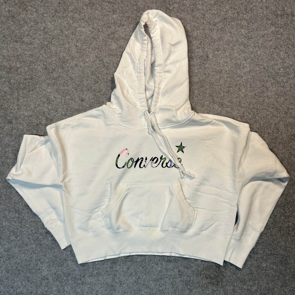 Converse Tropical Logo Cropped Hoodie XS White Floral Graphic Fleece